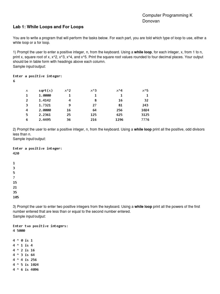 Lab 1: While Loops and For Loops: Computer Programming K Donovan | PDF ...