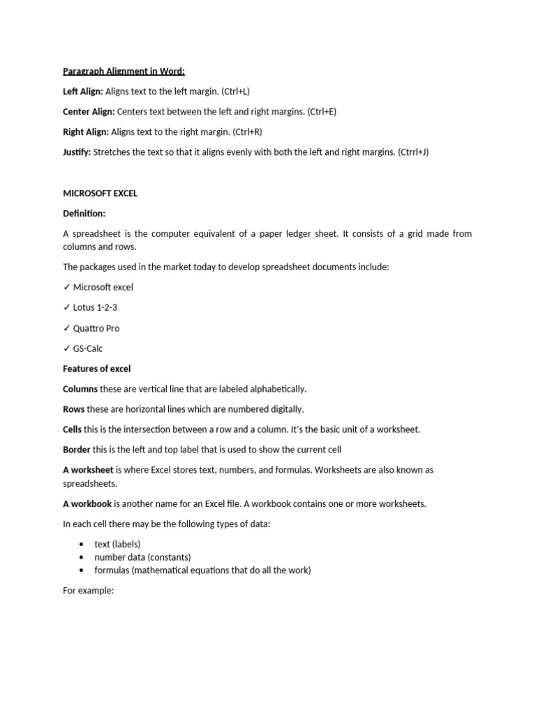 Introduction To ICT - INTRODUCTION TO EXCEL (NOTES) | PDF | Spreadsheet ...