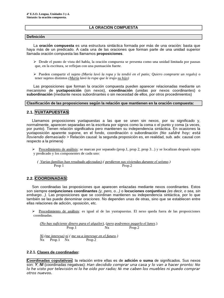 La Oracion Compuesta. Yuxtaposicion y Coordinacion. 4 E.S.O. | PDF ...