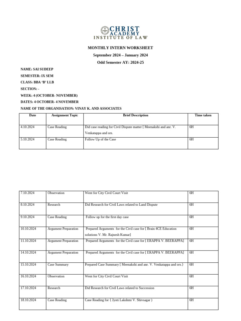 Intern Activities Log: October 2024 | PDF | Justice | Crime & Violence