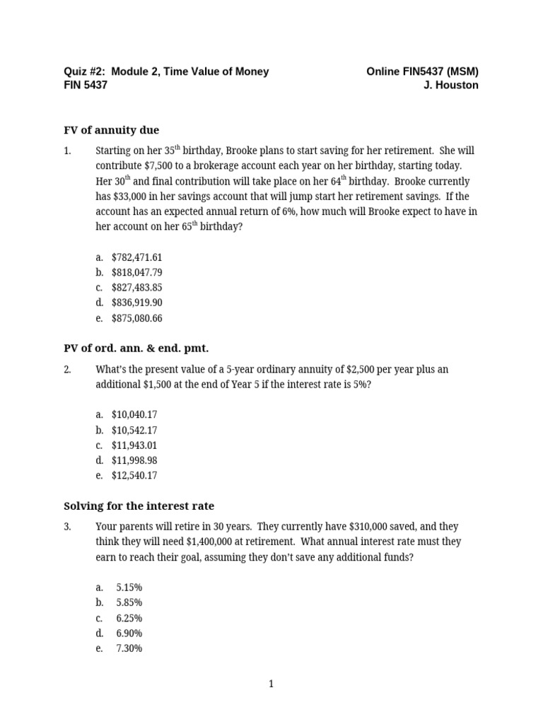 Time Value of Money Quiz for FIN5437 | PDF | Time Value Of Money | Money