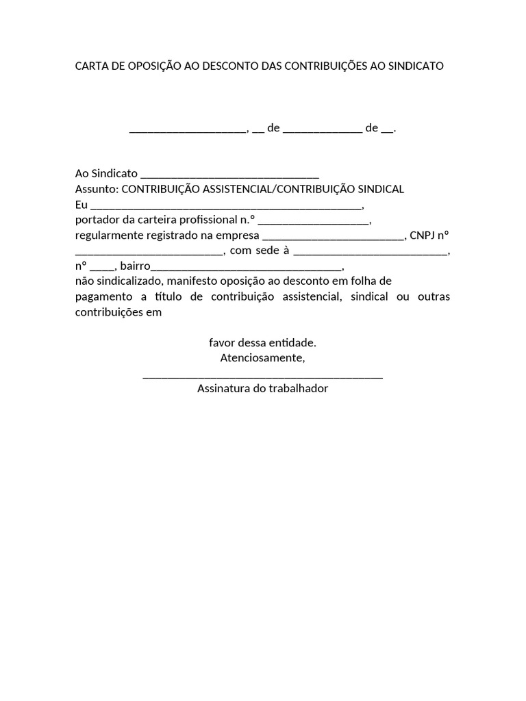 Carta de Oposição à Contribuição Sindical | PDF