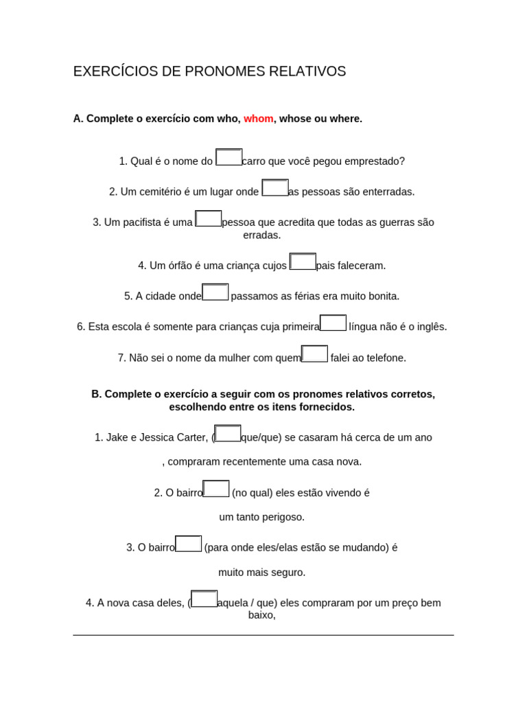Exercícios De Pronomes Relativos Pdf Pronome