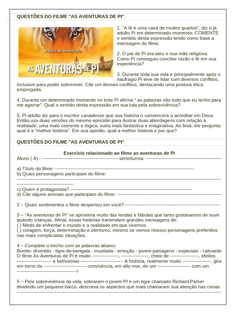 Questões Do Filme As Aventuras de Pi | PDF | Fé, image size:768x1024