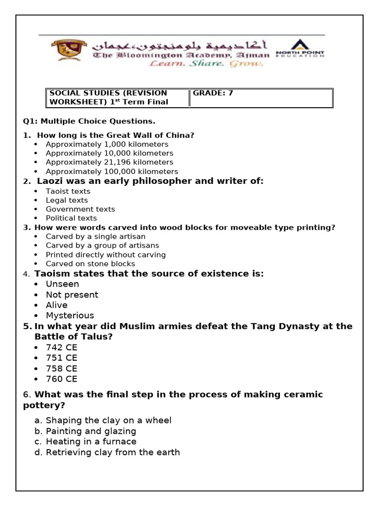 Social Studies Revision Worksheet for Grade 7 | PDF | China | World ...