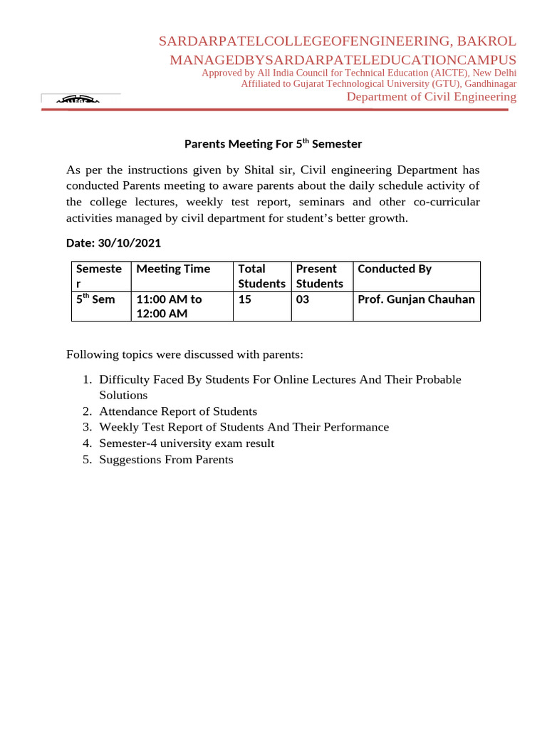 5th Semester Parents Meeting Summary | PDF