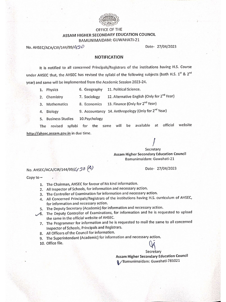AHSEC Notification Regarding Syllabus Revision | PDF