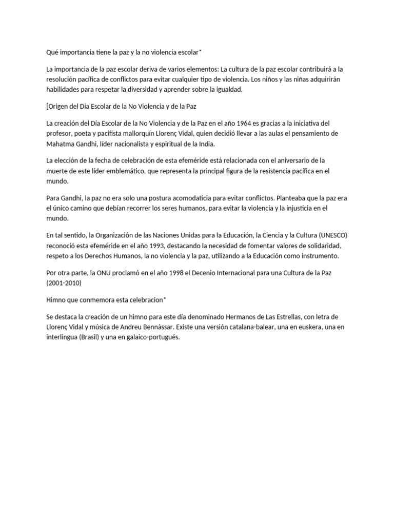 Importancia de la Paz Escolar y No Violencia | PDF