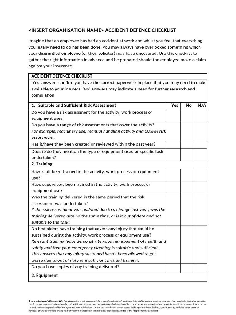 Workplace Accident Defense Checklist | PDF | Risk | Risk Assessment