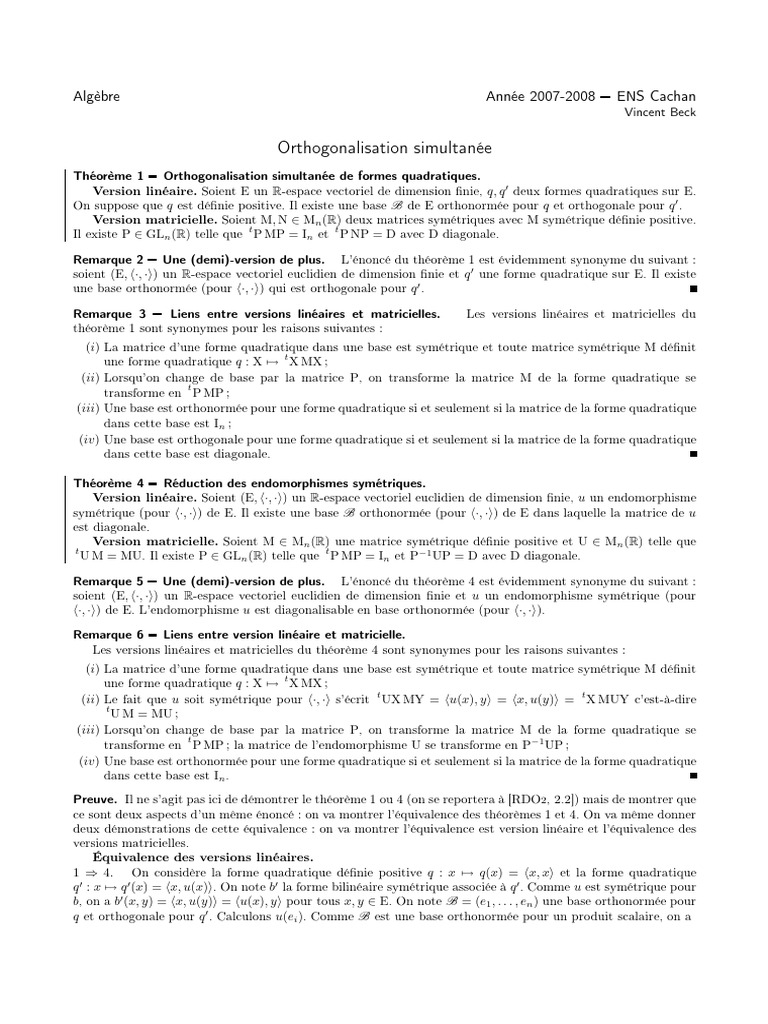 Orthogonalisation simultanée des formes | PDF | Matrice (Mathématiques ...