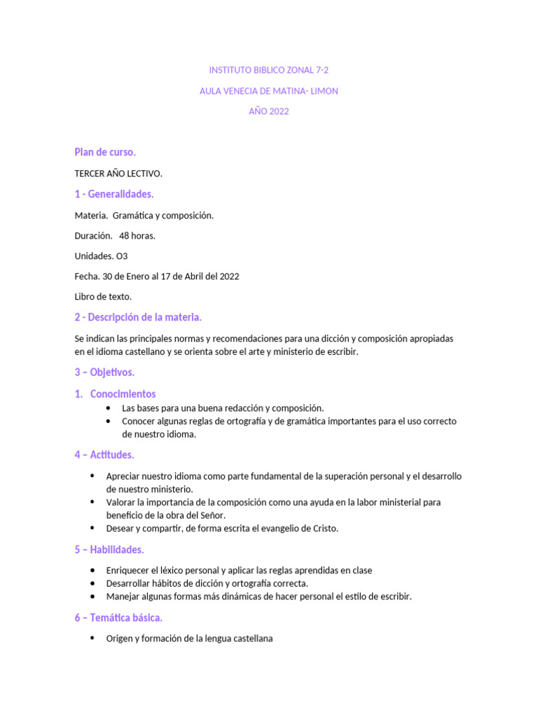 Plan Curso Gramatica y Composicion Nuevo | PDF | Gramática ...