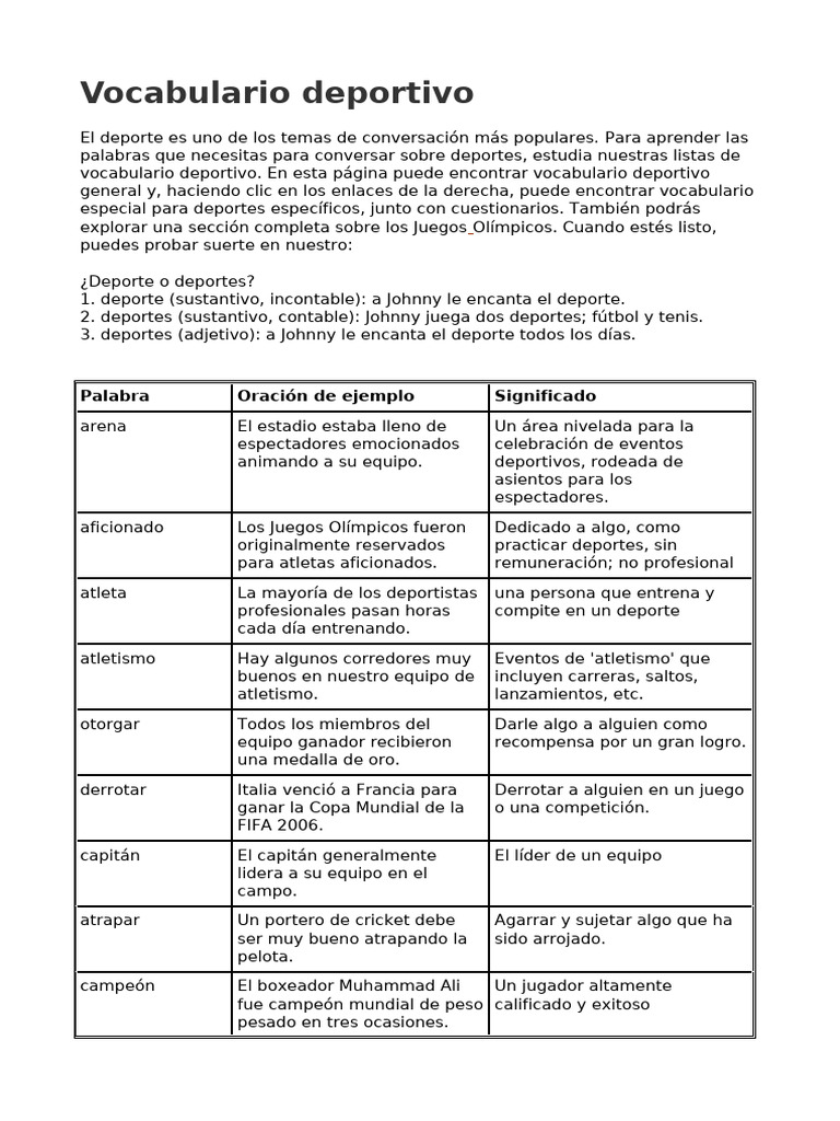 Vocabulario Esencial de Deportes | PDF | Deportes | Asociación de Futbol