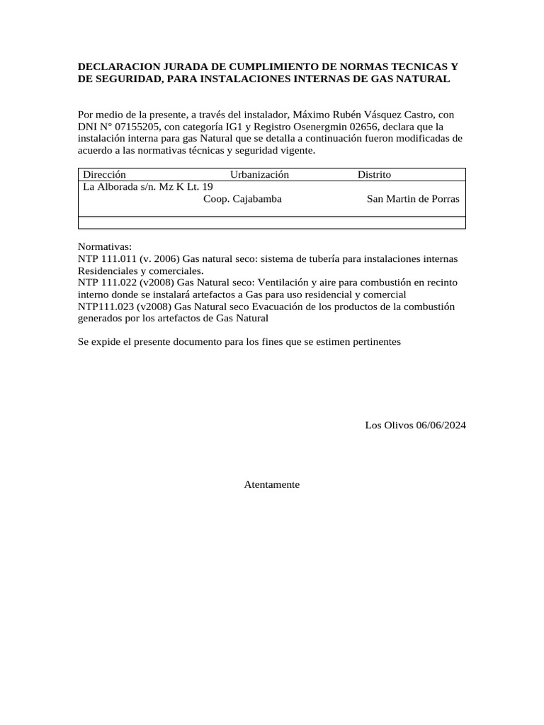 Declaracion Jurada de Cumplimiento de Normas Tecnicas y de Seguridad | PDF