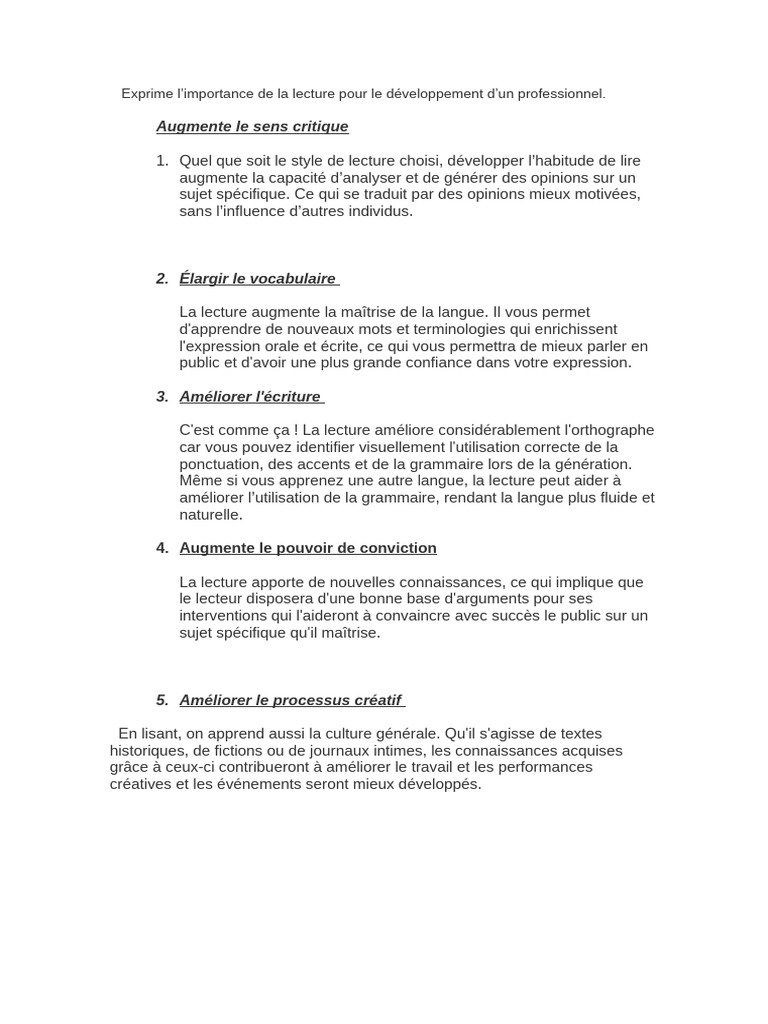 Importance de la lecture professionnelle | PDF | Orthographie | Discours