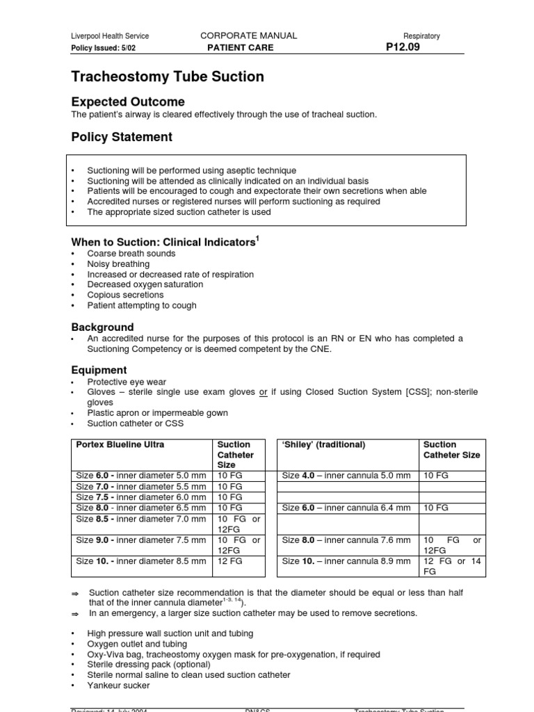 Tracheostomy Suctioning Protocol Guide | PDF | Intensive Care Medicine ...