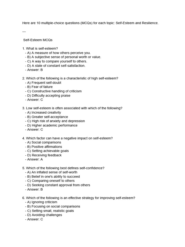 Self-Esteem and Resilience MCQs Guide | PDF | Self Esteem ...