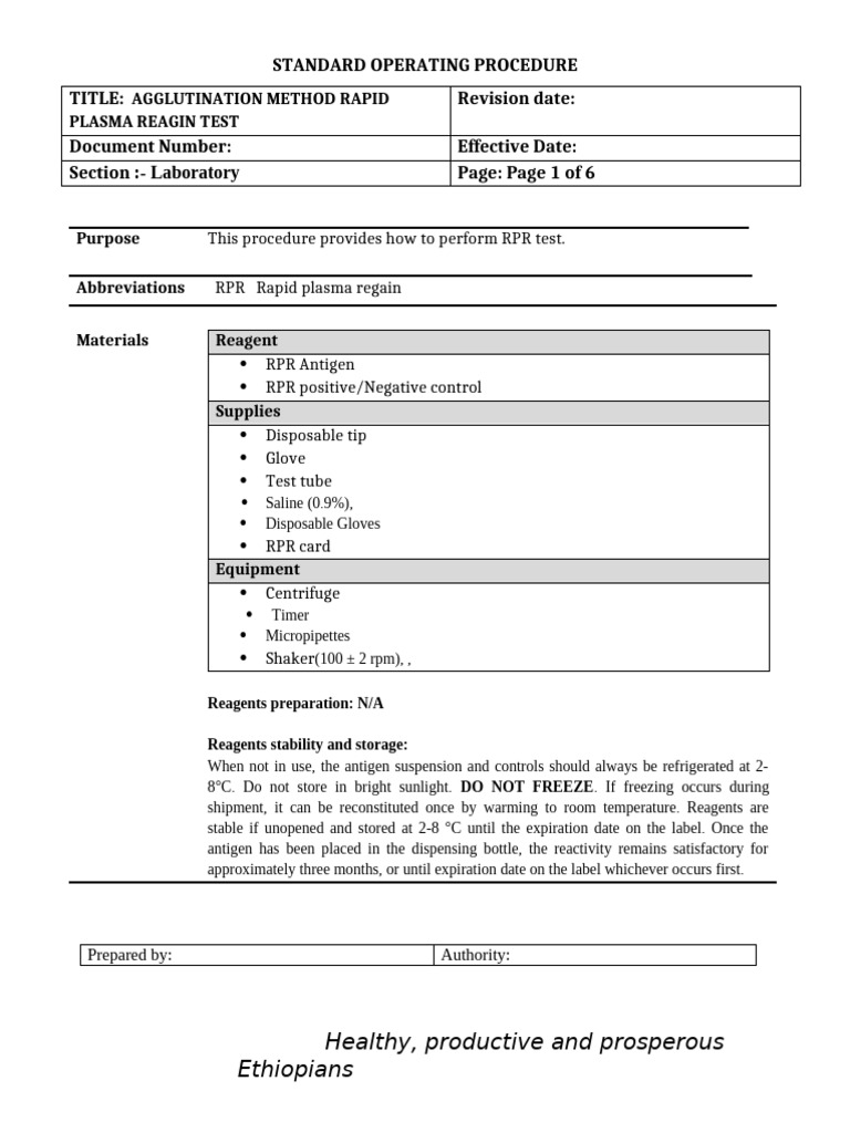RPR Test Procedure SOP | PDF | Infection | Immunology