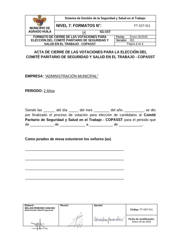 FT-SST-011 Formato de Cierre de Las Votaciones Elección Del COPASST | PDF