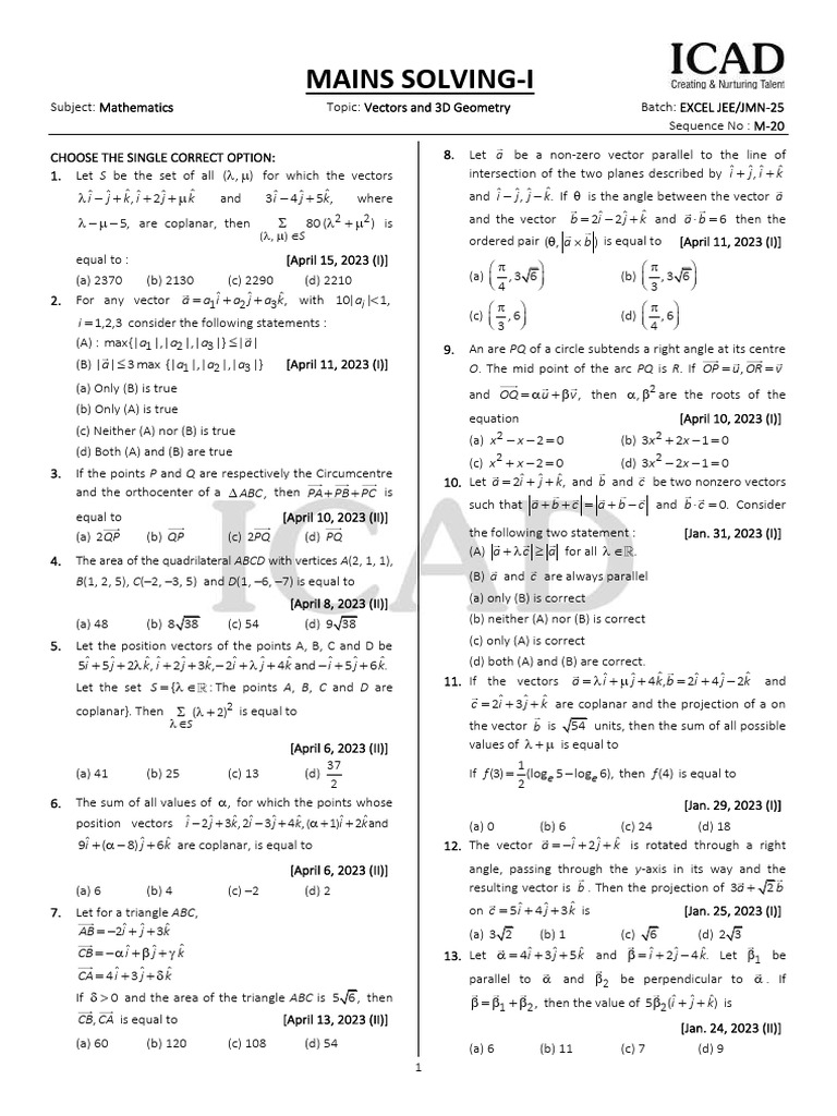 Mathematics: Vectors & 3D Geometry Quiz | PDF | Cartesian Coordinate ...