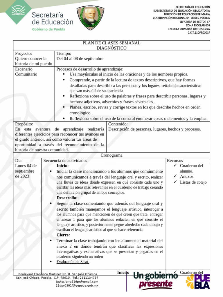 PLAN DE CLASES SEMANAL | PDF | Educación primaria
