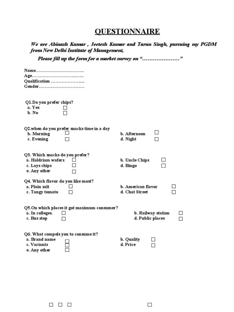 Consumer Behaviour Questionnaire on Chips