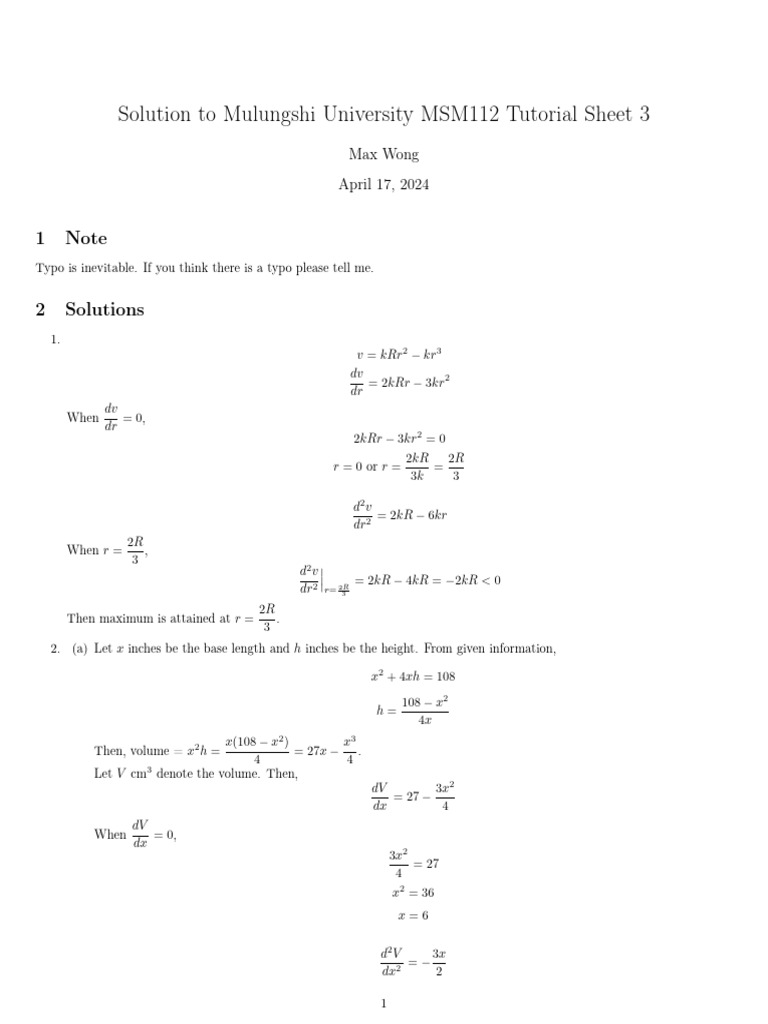 Solution To Mulungshi University MSM112 Tutorial Sheet 3 | PDF ...