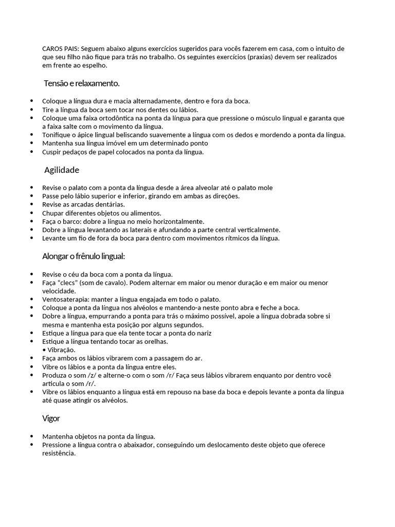 Exercícios Fonoaudiológicos para Apraxia | PDF