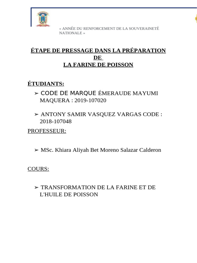 Pressage dans la fabrication de farine de poisson | PDF | Pression ...