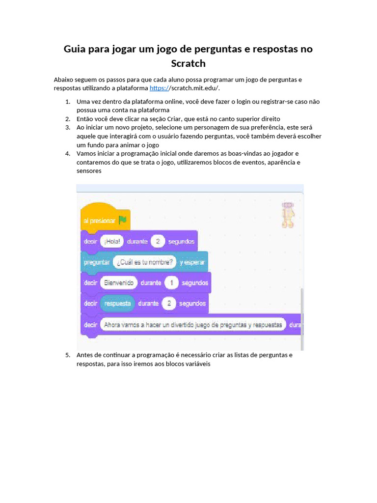 Criando Jogo de Perguntas no Scratch | PDF