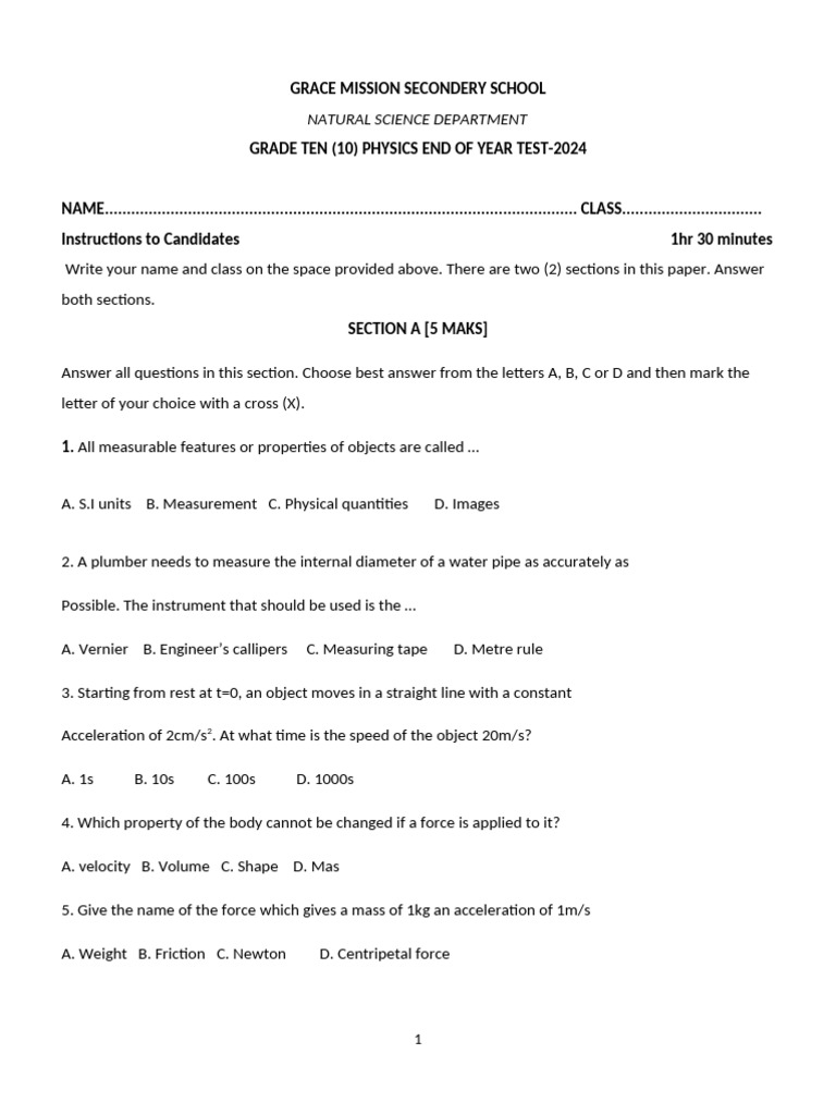 Grade 10 Physics End-Year Test 2024 | PDF | Force | Density