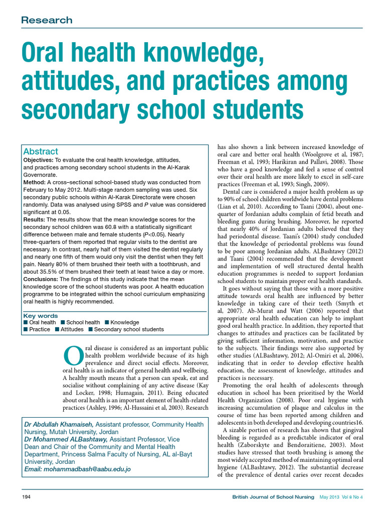 Oral Health Knowledge in Students | PDF | Oral Hygiene | Dentistry