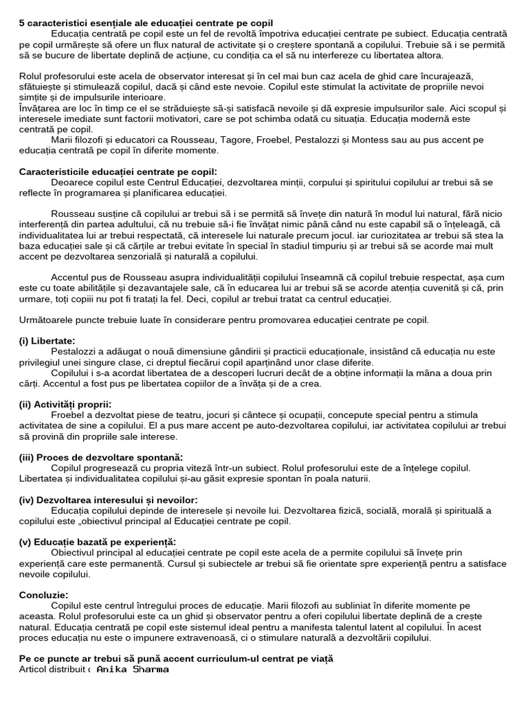 Caracteristicile Educației Centrate Pe Copil | PDF