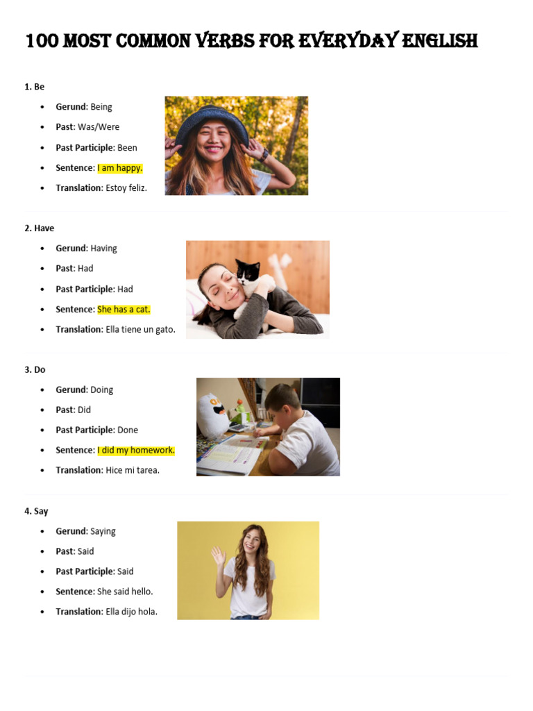 100 Common Verbs for Daily Use | PDF | Grammatical Conjugation ...