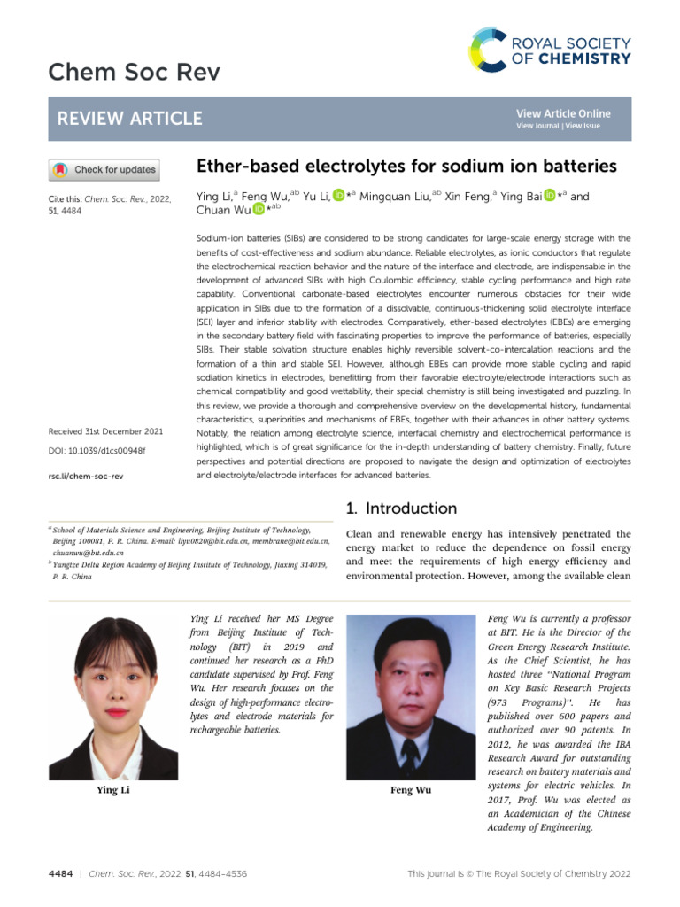 Chem Soc Rev: Review Article | PDF | Electrochemistry | Electrolyte