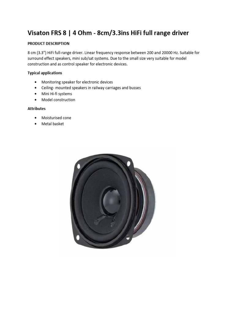 Visaton FRS 8 - 4 Ohm - 8cm 3.3ins HiFi Full Range Driver | PDF