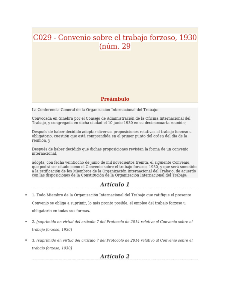 Convenio Sobre El Trabajo Forzoso | PDF | Organización Internacional ...