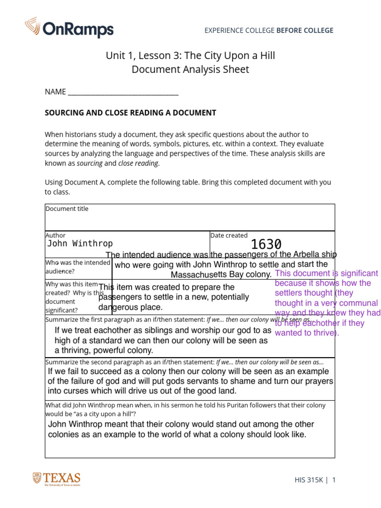 315K 1.3 Document Analysis Sheet 2 | PDF | John Winthrop
