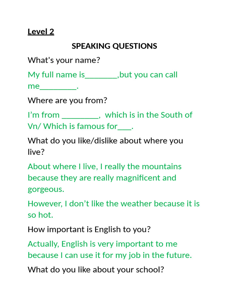 Level 2 Speaking & Writing Questions | PDF