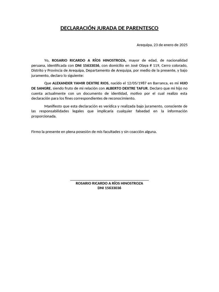 Declaración Jurada de Parentesco en Arequipa | PDF