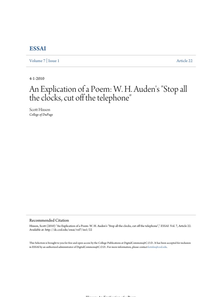 Stop All The Clocks WH Auden PDF Grief Poetry
