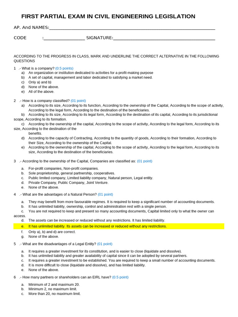 First Partial Exam of Legislation in Civil Engineering | PDF ...
