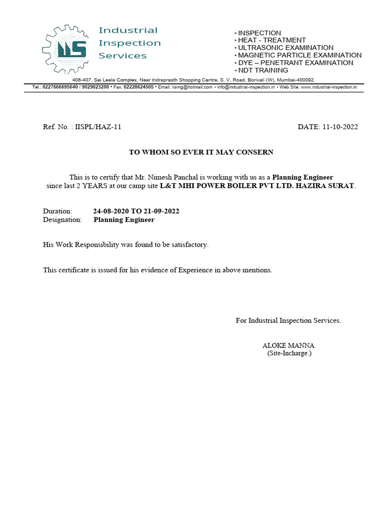 Industrial Inspection Services Certificate | PDF