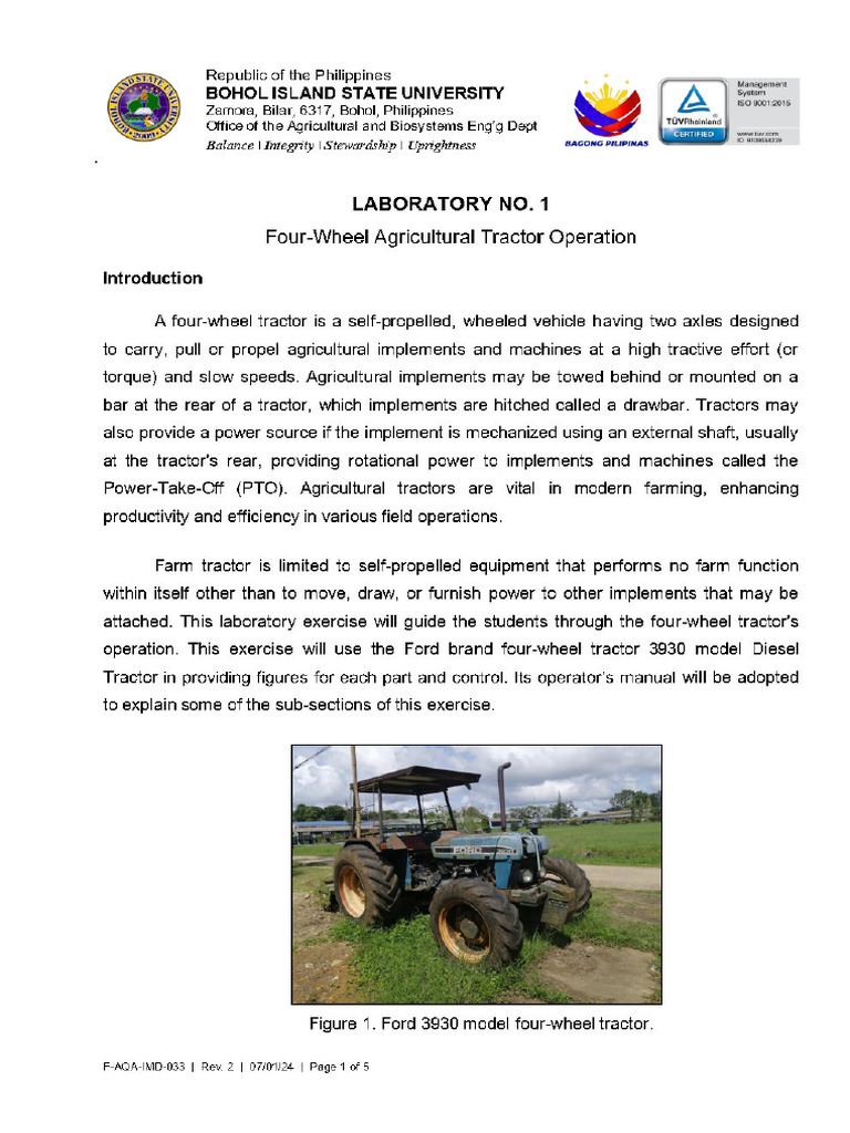 Laboratory No. 1 - Four-Wheel Tractor Operation | PDF