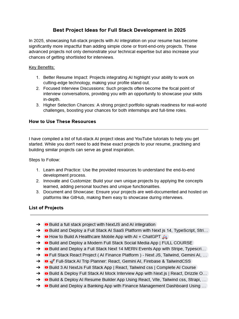Best Project Ideas for Full Stack Development in 2025 PDF