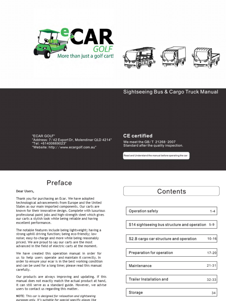 Ecar Golf Cart Operation Manual | PDF | Car | Land Transport
