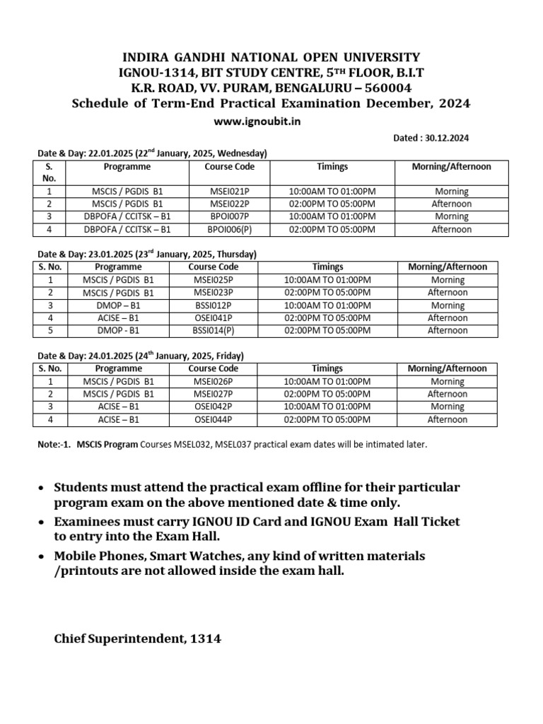 IGNOU Practical Exam Schedule 2025 | PDF