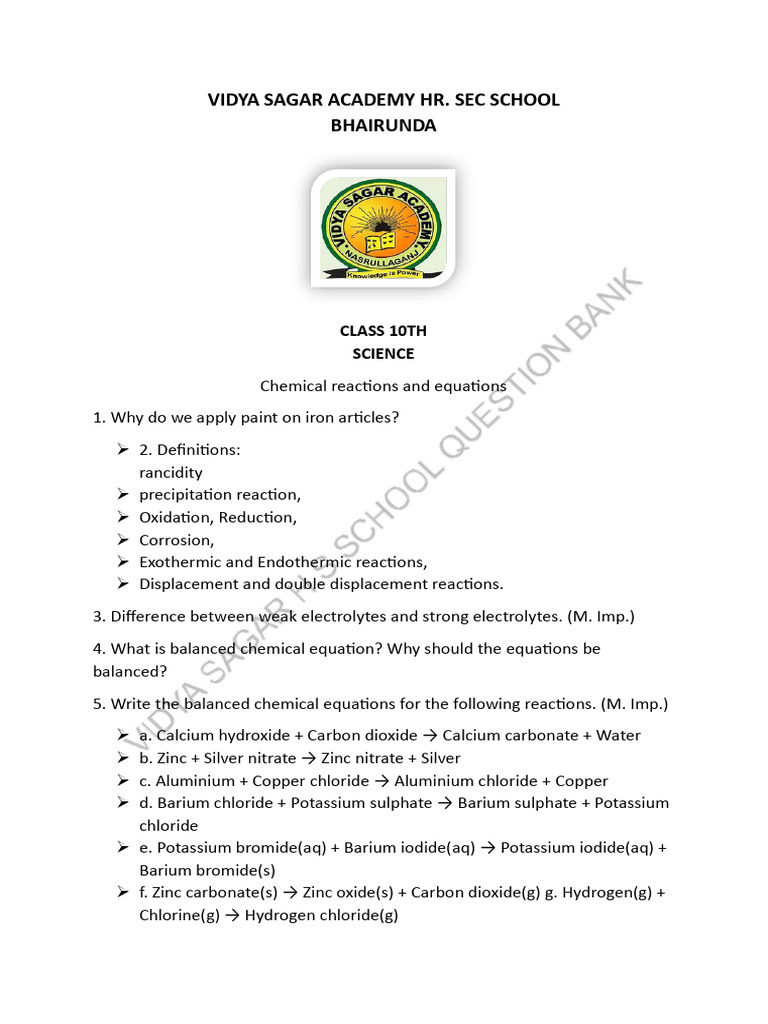 CLASS 10TH SCIENCE - Watermark | PDF | Chemical Reactions | Chloride
