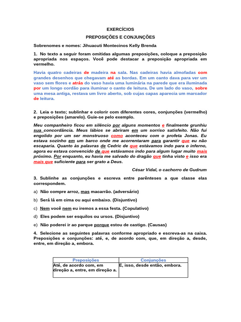 Exercícios de Preposições e Conjunções | PDF