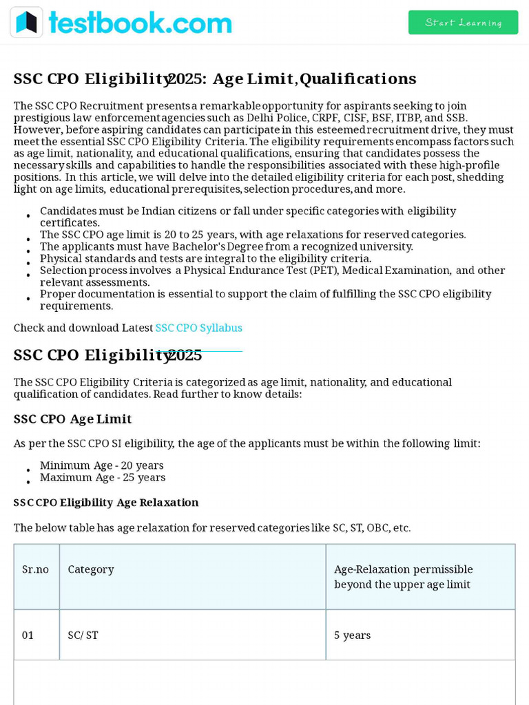 SSC CPO Eligibility 2025 - Age Limit, Qualifications | PDF