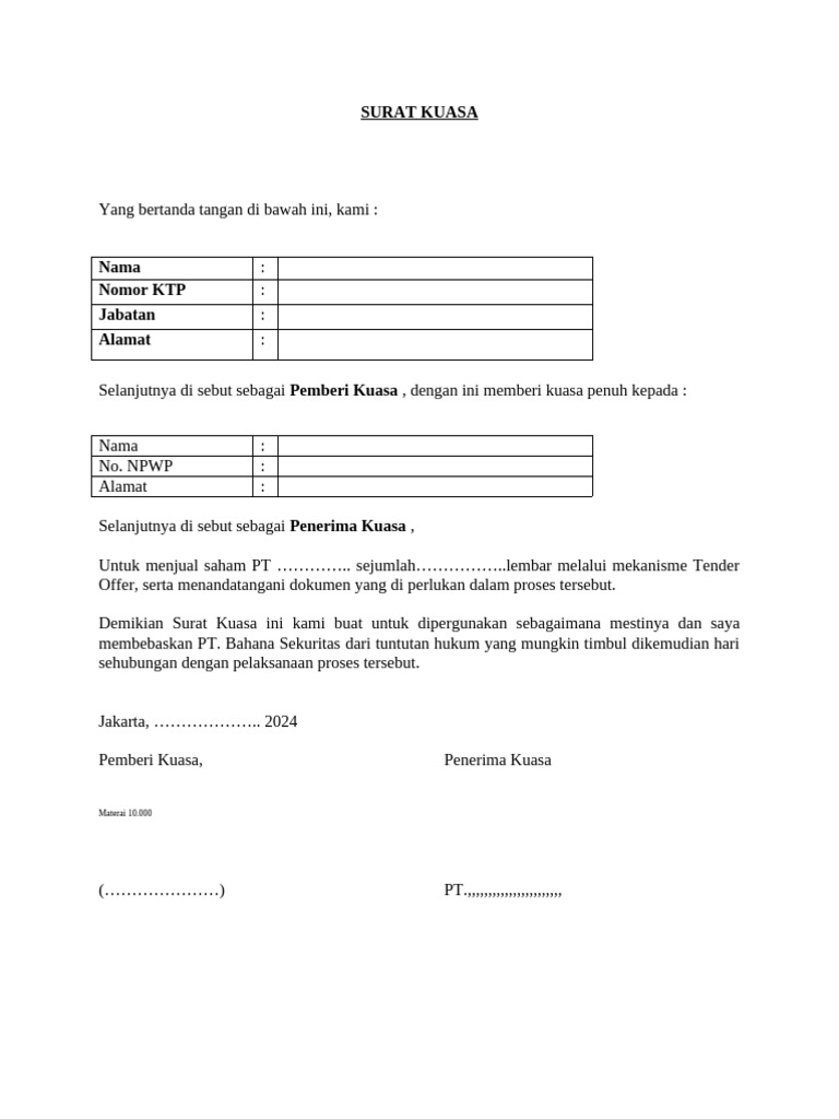 SURAT KUASA Mengikuti Tender Offer | PDF